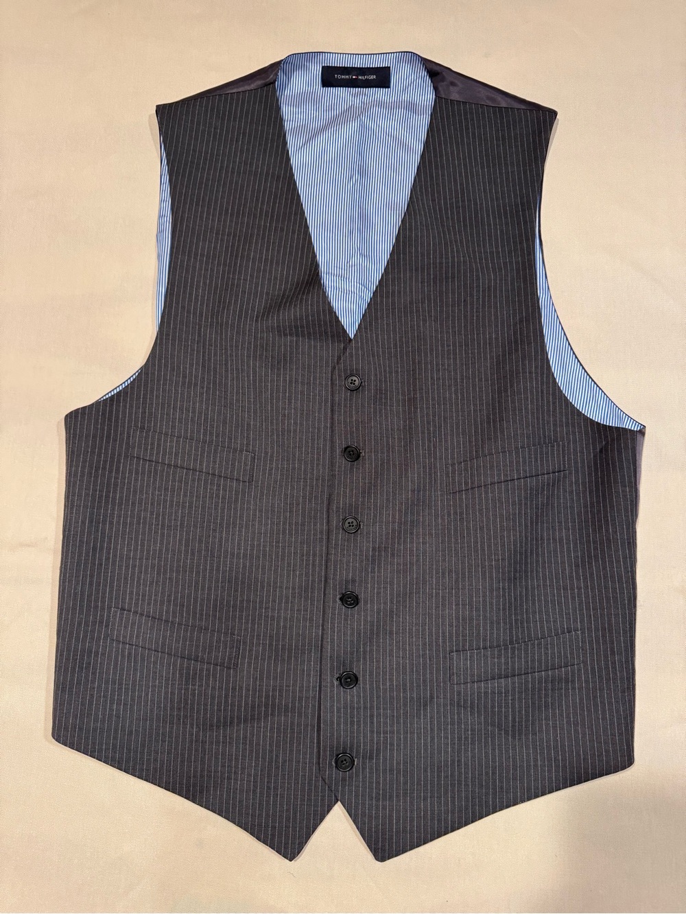 Tommy Hilfiger Charcoal Pinstripe Dress Vest with Blue Lining